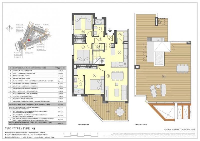 Torrevieja Obergeschoss-Wohnungen mit 3 Schlafzimmern, 2 Bädern, Dachterrasse, Tiefgaragenstellplatz, Gemeinschaftspools und beheizten