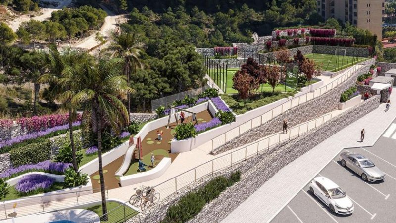 Benidorm Wohnungen mit 3 Schlafzimmern, 2 Bädern, Klimaanlage, Fußbodenheizung in Bädern, Kfz-Stellplatz und Meerblick nur 1 km vom