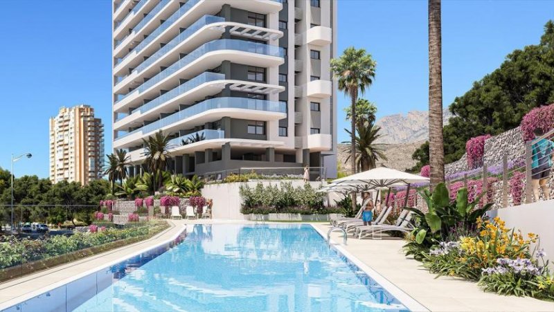 Benidorm Wohnungen mit 3 Schlafzimmern, 2 Bädern, Klimaanlage, Fußbodenheizung in Bädern, Kfz-Stellplatz und Meerblick nur 1 km vom
