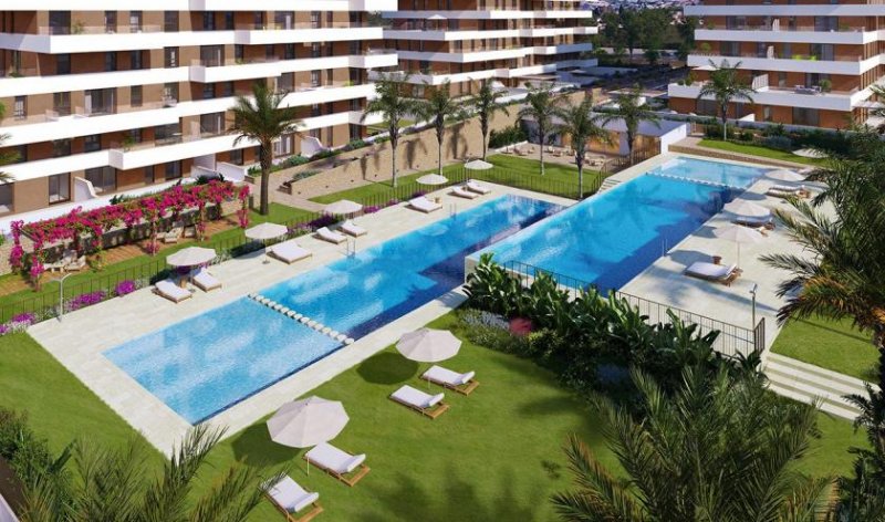 Villajoyosa Appartements mit 2 Schlafzimmern, 2 Bädern, Klimaanlage, Fußbodenheizung in Bädern, Tiefgaragenstellplatz und nur 500 m vom