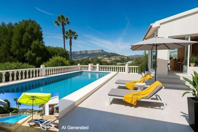 Calpe Villa mit Gästeunterkunft, Salzwasser-Pool, Solaranlagen, Blick auf die Bernia und in ruhiger Lage in der Nähe des Strandes