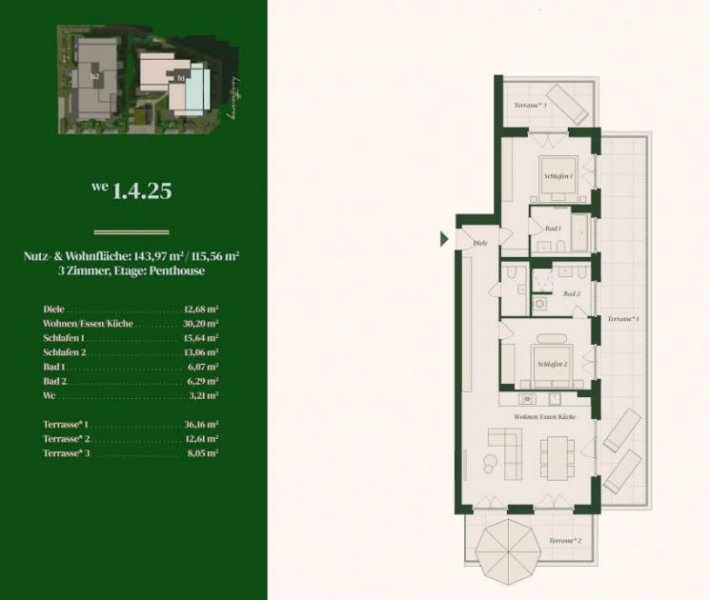 Berlin Prov.-frei: Penthouse mit 3 Terrassen Wohnung kaufen