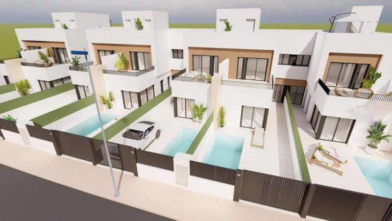 Santiago de la Ribera Reihenhaus-Villen mit 3 Schlafzimmern, 3 Bädern, Dachterrasse, Küchen mit Elektrogeräten, Privatpool und Kfz-Stellplatz nur