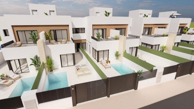Santiago de la Ribera Reihenhaus-Villen mit 3 Schlafzimmern, 3 Bädern, Dachterrasse, Küchen mit Elektrogeräten, Privatpool und Kfz-Stellplatz nur