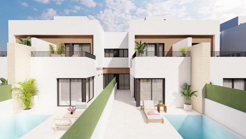 Santiago de la Ribera Reihenhaus-Villen mit 3 Schlafzimmern, 3 Bädern, Dachterrasse, Küchen mit Elektrogeräten, Privatpool und Kfz-Stellplatz nur