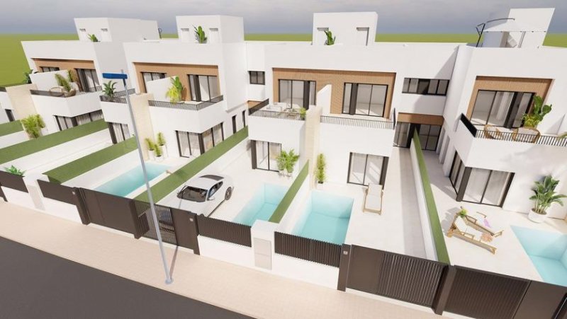 Santiago de la Ribera Reihenhaus-Villen mit 3 Schlafzimmern, 3 Bädern, Dachterrasse, Küchen mit Elektrogeräten, Privatpool und Kfz-Stellplatz nur