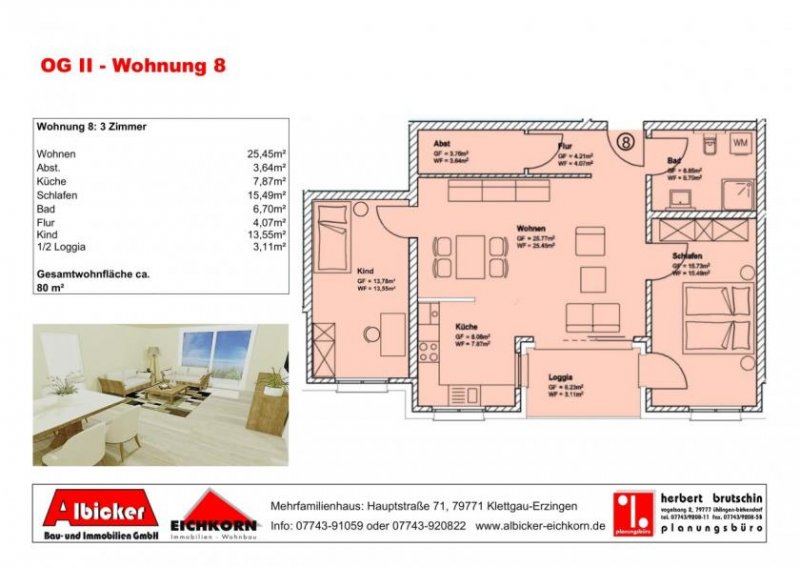 Klettgau 3 Zi. 2. OG mit Loggia + Balkon ca. 80 m² - Wohnung 8 - Hauptstr. 71, 79771 Klettgau-Erzingen - Neubau Wohnung kaufen