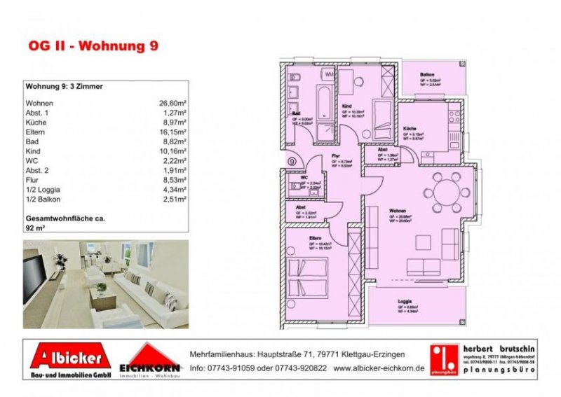 Klettgau 3 Zi. 2. OG mit Loggia + Balkon ca. 92 m² - Wohnung 9 - Hauptstr. 71, 79771 Klettgau-Erzingen - Neubau Wohnung kaufen