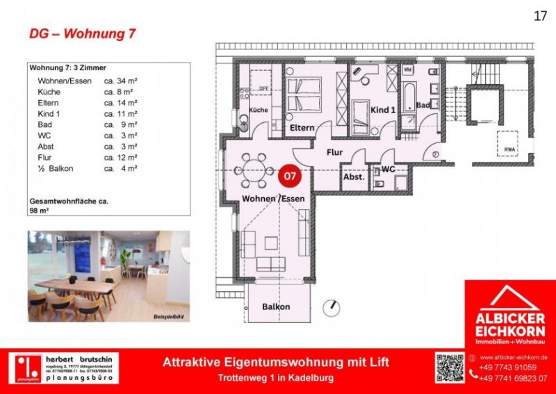 Küssaberg 3 Zi. OG mit Balkon ca. 98m² - Wohnung 7 - Trottenweg 1, 79790 Kadelburg- Neubau KFW Wohnung kaufen