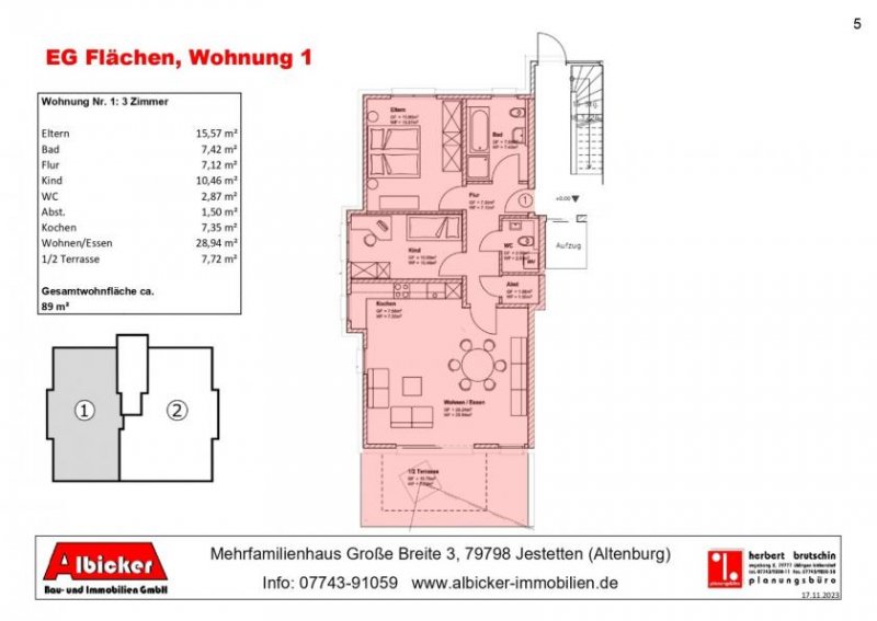 Jestetten Verkauft - 3 Zimmerwohnung EG-Whg. 1 mit Terrasse ca. 89 m² mit Lift, Klimafreundlicher Neubau- Jestetten Altenburg Wohnung