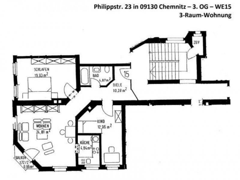 Chemnitz Großzügige 3-Zimmer mit Laminat, Wannenbad mit Fenster und Balkon in zentraler Lage! Wohnung mieten