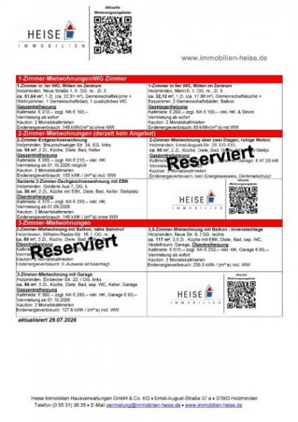 Holzminden *** UPDATE *** 04.08.2026 *** Aktuelle Mietübersicht *** Heise Immobilien Holzminden Wohnung mieten