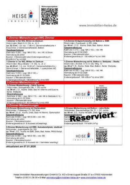 Holzminden *** UPDATE *** 07.01.2026 *** Aktuelle Mietübersicht *** Heise Immobilien Holzminden Wohnung mieten