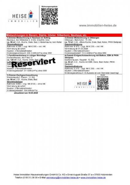 Holzminden *** UPDATE *** 10.03.2026 *** Aktuelle Mietübersicht *** Heise Immobilien Holzminden Wohnung mieten