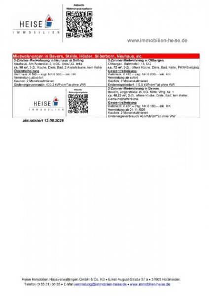 Holzminden *** UPDATE *** 12.08.2026 *** Aktuelle Mietübersicht *** Heise Immobilien Holzminden Wohnung mieten