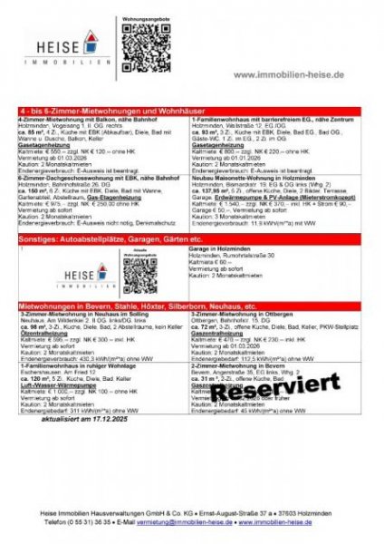 Holzminden *** UPDATE *** 17.12.2025 *** Aktuelle Mietübersicht *** Heise Immobilien Holzminden Wohnung mieten