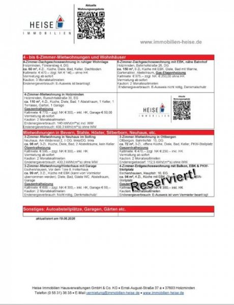 Holzminden *** UPDATE *** 19.06.2026 *** Aktuelle Mietübersicht *** Heise Immobilien Holzminden Wohnung mieten