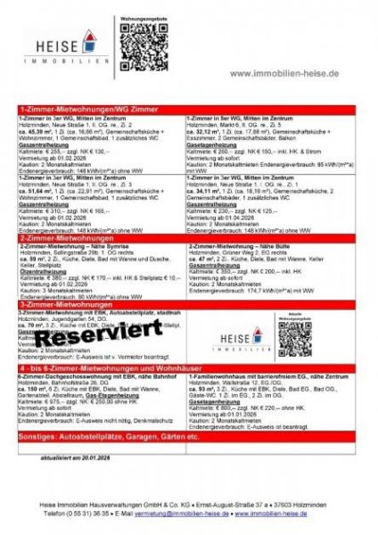 Holzminden *** UPDATE *** 20.01.2026 *** Aktuelle Mietübersicht *** Heise Immobilien Holzminden Wohnung mieten