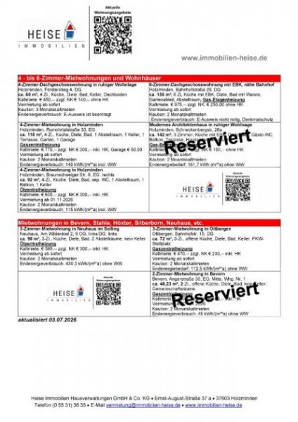 Holzminden *** UPDATE *** 20.07.2026 *** Aktuelle Mietübersicht *** Heise Immobilien Holzminden Wohnung mieten