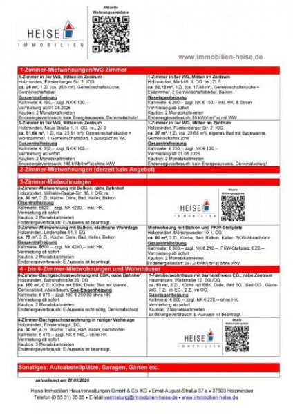 Holzminden *** UPDATE *** 21.05.2026 *** Aktuelle Mietübersicht *** Heise Immobilien Holzminden Wohnung mieten