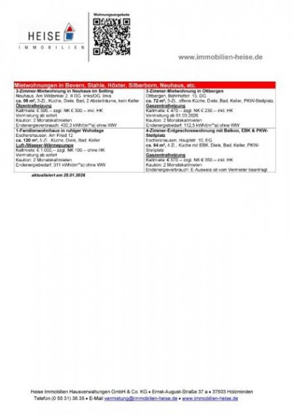 Holzminden *** UPDATE *** 25.01.2026 *** Aktuelle Mietübersicht *** Heise Immobilien Holzminden Wohnung mieten