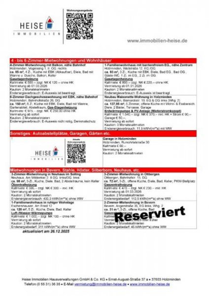 Holzminden *** UPDATE *** 26.12.2025 *** Aktuelle Mietübersicht *** Heise Immobilien Holzminden Wohnung mieten