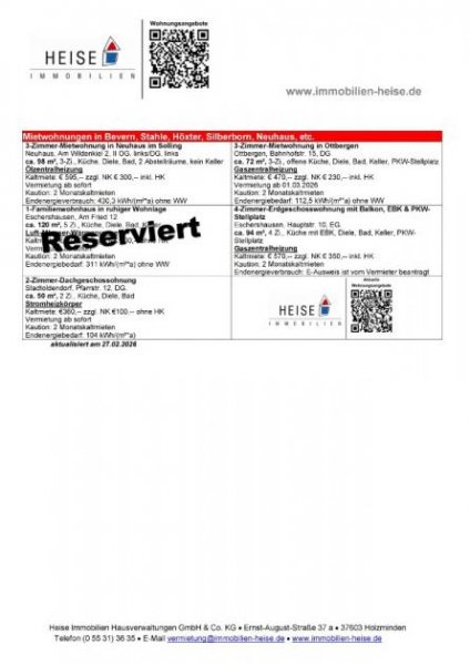 Holzminden *** UPDATE *** 27.02.2026 *** Aktuelle Mietübersicht *** Heise Immobilien Holzminden Wohnung mieten