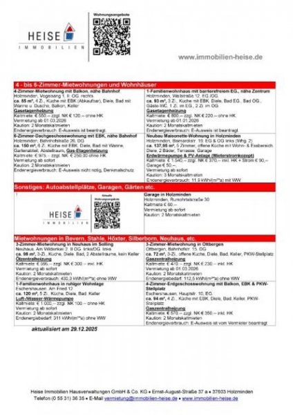 Holzminden *** UPDATE *** 29.12.2025 *** Aktuelle Mietübersicht *** Heise Immobilien Holzminden Wohnung mieten