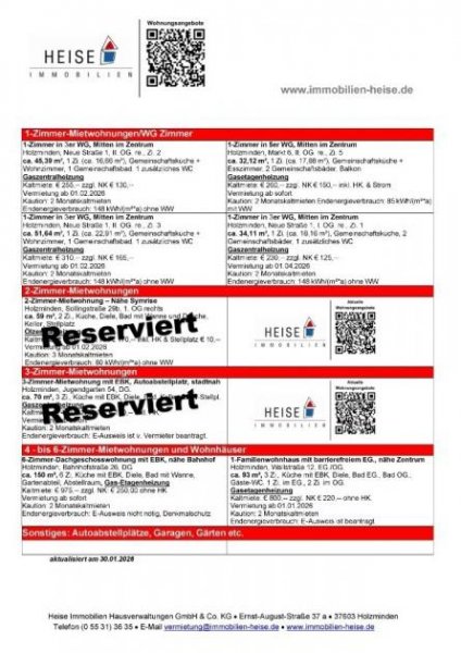 Holzminden *** UPDATE *** 30.01.2026 *** Aktuelle Mietübersicht *** Heise Immobilien Holzminden Wohnung mieten