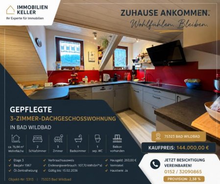 Bad Wildbad Günstige Wohnungen Ruhige 3-Zimmer-Dachgeschosswohnung mit Balkon & Carport – Kapitalanlage mit Potenzial Wohnung kaufen